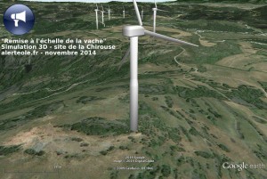 Une vache de 1,80m au garrot (c’est énorme !) broute au pied d’une éolienne. Cherchez la ! (simulation 3D à l’échelle - Site de la Chirouse)