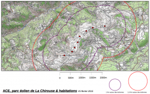 ACE - La carte du projet d'implantation des éoliennes sur la Chirouse et les distances avec les habitations