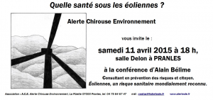 "Quelle santé sous les éoliennes?", conférence animée par Alain Bélime, consultant en prévention des risques et citoyen